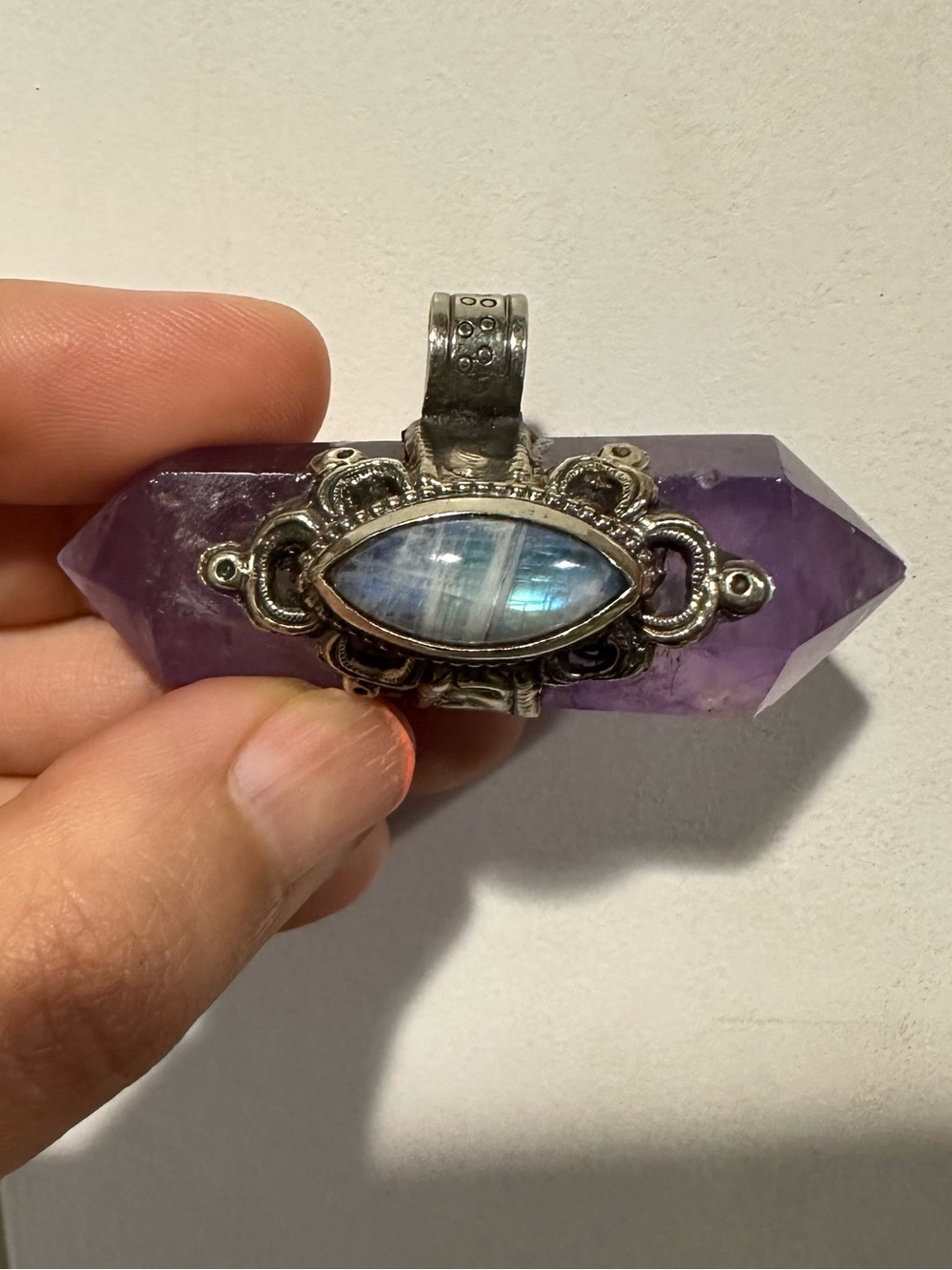 Large Vintage Amethyst Quartz and Moonstone Pendant, Tibetan Silver